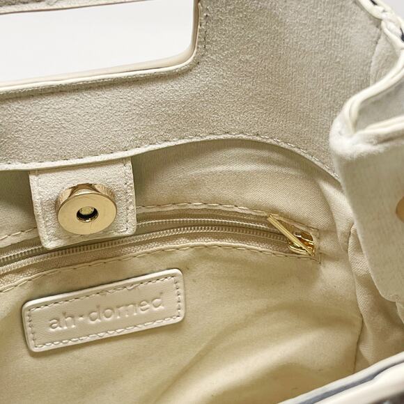 Ahdorned Cream Faux Suede Fringe Crossbody Bag with Pink Brown Wide Boho Strap - Picture 7 of 11